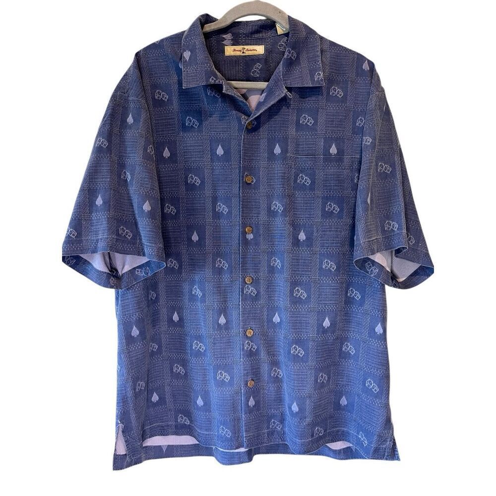 Tommy Bahama Shirt Men's Large 100% Silk Blue Casino Roullette Craps Dice Spades